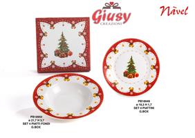 Set 4 Piatti Fondi Con Decoro Albero Di Natale In Porcellana Navel 21,7 Cm Con Scatola Regalo 1*6