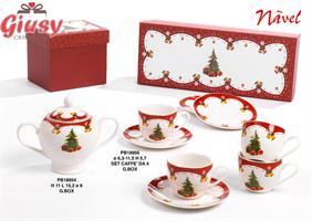 Set 4 Tazzine con Piattini Con Decoro Albero Di Natale In Porcellana Navel 11,5 Cm Con Scatola Regalo 1*8