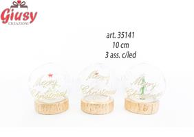 Sfera In Vetro Con Scritta Merry Christmas E Con Base Oro In Resina Con Led 3 Soggetti Assortiti 10 Cm