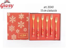 Set Forchettine Composto  Da 6 Pezzi Con Decoro Natalizio Rosso 15 Cm Con Astuccio 1*24