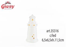 Faro In Porcellana Bianca Con Led 6,5x6,5xh.11,5 Cm 1*72