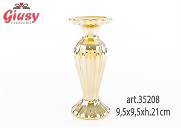 Portacandele In Porcellana Decorata in Oro 9,5x9,5xh.21 Cm 2*24