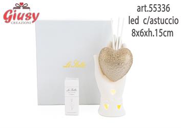 Profumatore Cuore Su Mano In Prcellana Con Led 8x6xh.15 Cm Completo Di Astuccio Ed Essenza 1*36