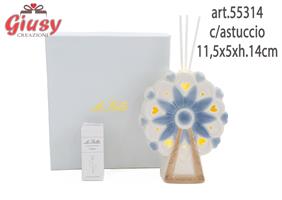 Profumatore Ruota Panoramica In Porcellana Celeste Con Led 11,5x5xh.14 Cm Completo Di Astuccio Ed Essenza 1*36