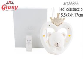 Profumatore Cuore Con Orsetto In Porcellana Con Led 15,5x7xh.17 Cm Completo Di Astuccio Ed Essenza 1*18