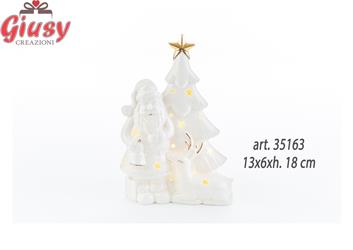 Babbo Natale Con Albero Natalizio In Porcellana Bianca E Oro Con Led 13x6xh.18 Cm 1*36