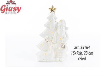 Babbo Natale Con Albero Natalizio In Porcellana Bianca E Oro Con Led 15x7xh.23 Cm 1*24