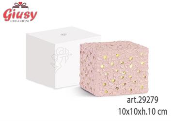 Cubo Con Fiori In Resina Colore Cipria Con Led 10x10xh.10 Cm Completo Di Scatola 1*48