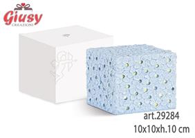 Cubo Con Fiori In Resina Colore Azzurro Con Led 10x10xh.10 Cm Completo Di Scatola 1*48