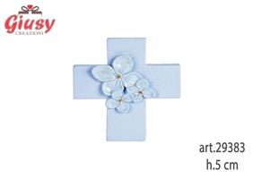 Magnete Croce Con Fiori Glitterati Colore Azzurro In Resina H.5 Cm 12*360