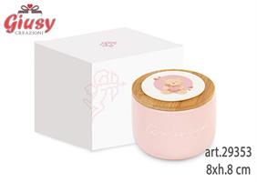 Barattolo Rosa In Ceramica Con Candela Con Coperchio In Bamboo Con Orsetto D.8xh.8 Cm Completo Di Scatola 1*48