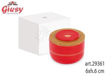 Barattolo Rosso In Ceramica Con Candela Con Coperchio In Bamboo Con Scritta Laurea D.6xh.6 Cm Completo Di Scatola 1*96