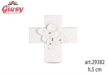 Magnete Croce Con Fiori Glitterati Colore Bianco In Resina H.5 Cm 12*360