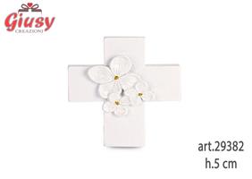 Magnete Croce Con Fiori Glitterati Colore Bianco In Resina H.5 Cm 12*360