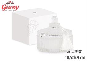 Potiche Con Candela In Vetro Con Nappina Colore Bianco D.10,5xh.12 Cm Completa Di Scatola 3*12