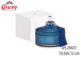 Potiche Con Candela In Vetro Con Nappina Colore Blu D.10,5xh.12 Cm Completa Di Scatola 1*12