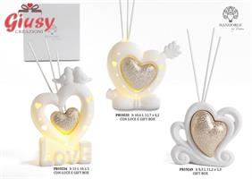 Profumatore Con Uccelli Con Cuore In Oro Metallizzato In Porcellana Con Luce Led H.15 Cm Con Gift Box 2*36