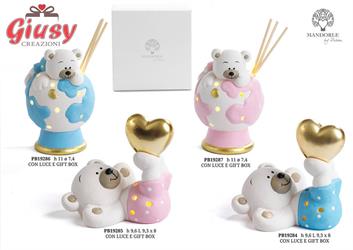 Profumatore Orsetta Su Mappamondo Rosa In Porcellana Con Luce Led H.11 Cm Con Gift Box 2*36