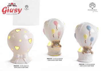 Mongolfiera Orsetto Con Palloncini Rosa In Porcellana Con Luce Led H.11,3 Cm Completo Di Scatola 1*36