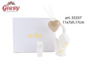 Profumatore Cuore Oro Mano Bianca In Porcellana Led 11x7xh.17cm Completo di Astuccio Ed Essenza 1*36