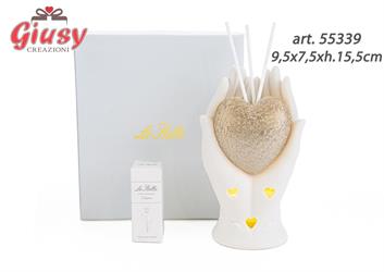 Profumatore Cuore Oro Mani Bianche Led 9,5x7,5xh.15,5cm Complet di Astuccio Ed Essenza 1*36