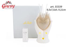 Profumatore Cuore Oro Mani Bianche Led 9,5x7,5xh.15,5cm Complet di Astuccio Ed Essenza 1*36