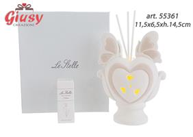 Profumatore Cuore Farfalla Led In Porcellana 11,5x6,5xh.14,5cm Con Astuccio Ed Essenza 1*36