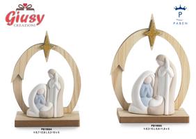 Gruppo Natività In Porcellana Con Capanna Stilizzata In Legno H.15 Cm 6*48