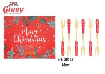 Set 6 Pezzi Forchettine In Ceramica Colore Rosso Con Scritta Merry Christmas Completo Di Astuccio 15 Cm 1*24