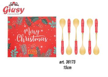 Set 6 Cucchiaini In Ceramica Colore Rosso Con Scritta Merry Christmas Completo Di Astuccio 15 Cm 1*24