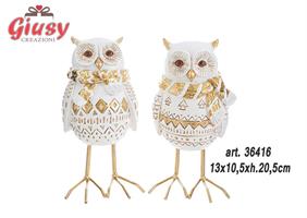 Gufo Natalizio In Resina Con Decori Oro 2 Soggetti Assortiti 13x10,5xH.20,5 Cm 2*16