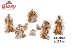 Set 8 Pezzi Natività In Resina Con Vestito In Tessuto Colore Oro H.32,5 Cm