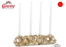 Centrotavola Portacandele In Resina Con Fiori Colore Oro 43,5 Cm 2*6