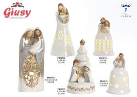 Gruppo Natività Su Campana In Porcellana Colore Bianco E Argento Con Luce Led H.18 Cm 4*24