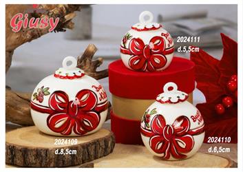 Pallina Di Natale In Ceramica Di Capodimonte Diametro 8,5Cm Decoro Fiocco Completo Di Scatola Cilindrica Velluto Rosso