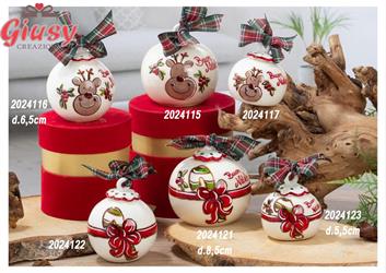Pallina Di Natale In Ceramica Di Capodimonte Diametro 6,5Cm Decoro Caramella Completo Di Scatola Cilindrica Velluto Rosso