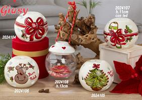 Lampade Natalizie A Sfera In Ceramica Con Cuori 5 Decori Assortiti Completo Di Scatola Cilindrica In Velluto Rosso
