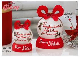 Set 2 Lampade Natalizie In Vetro E Ceramica Decoro Famiglia Completo Di Scatola Cilindrica In Velluto Rosso