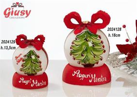 Set 2 Lampade Natalizie In Vetro E Ceramica Decoro Albero Verde Completo Di Scatola Cilindrica In Velluto Rosso