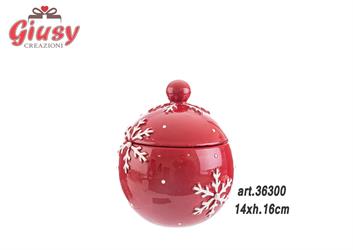 Scatola In Ceramica Color Rosso Con Fiocco Di Neve In Bianco 14xH.16 Cm 1*16