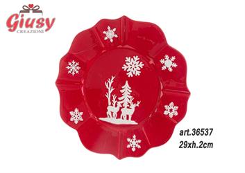 Vassoio In Ceramica Colore Rosso Con Fiocchi Di Neve Color Bianco 29xH.2 Cm 3*12