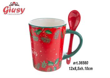 Tazza Natalizia Con Cucchiaio In Ceramica Colore Rosso Con Scritta Merry Christmas 12x8,5xH.10 Cm Completo Di Scatola 1*24