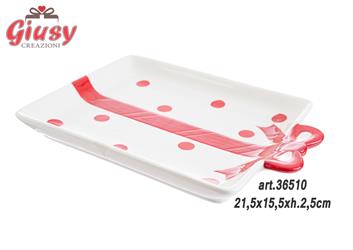Vassoio Natalizio In Ceramica Con Pois Rossi 21,5x15,5xH.2,5 Cm 4*24