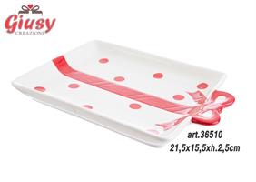 Vassoio Natalizio In Ceramica Con Pois Rossi 21,5x15,5xH.2,5 Cm 4*24