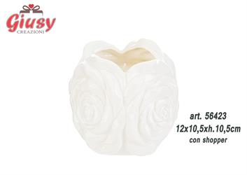 Rosa In Porcellana Con Candela Profumata 12x10,5xH.10,5 Cm Completo Di Shopper 1*12