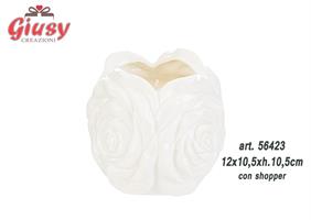 Rosa In Porcellana Con Candela Profumata 12x10,5xH.10,5 Cm Completo Di Shopper 1*12