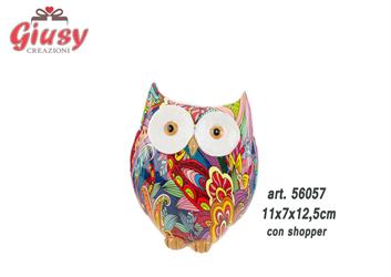 Gufo In Resina Multicolor 10,5x7xH.14,5 Cm Completo Di Shopper 1*24