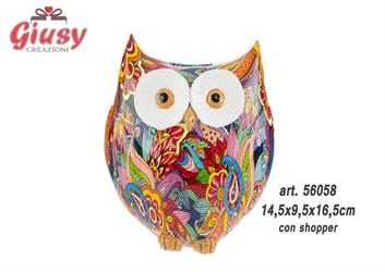 Salvadanaio Gufo In Resina Multicolor 14,5x9,5xH.16,5 Cm Completo Di Shopper 1*16
