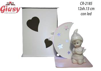 Lampada Luna In Legno Rosa 12xh.13 Cm  Con Bimba In Porcellana Completa Di Scatola