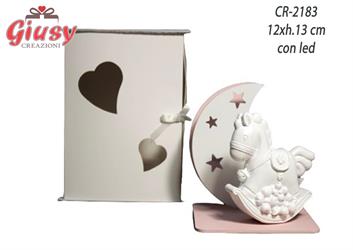 Lampada In Legno Rosa 12xh.13 Cm Con Cavallino In Resina Bianca Completa Di Astuccio